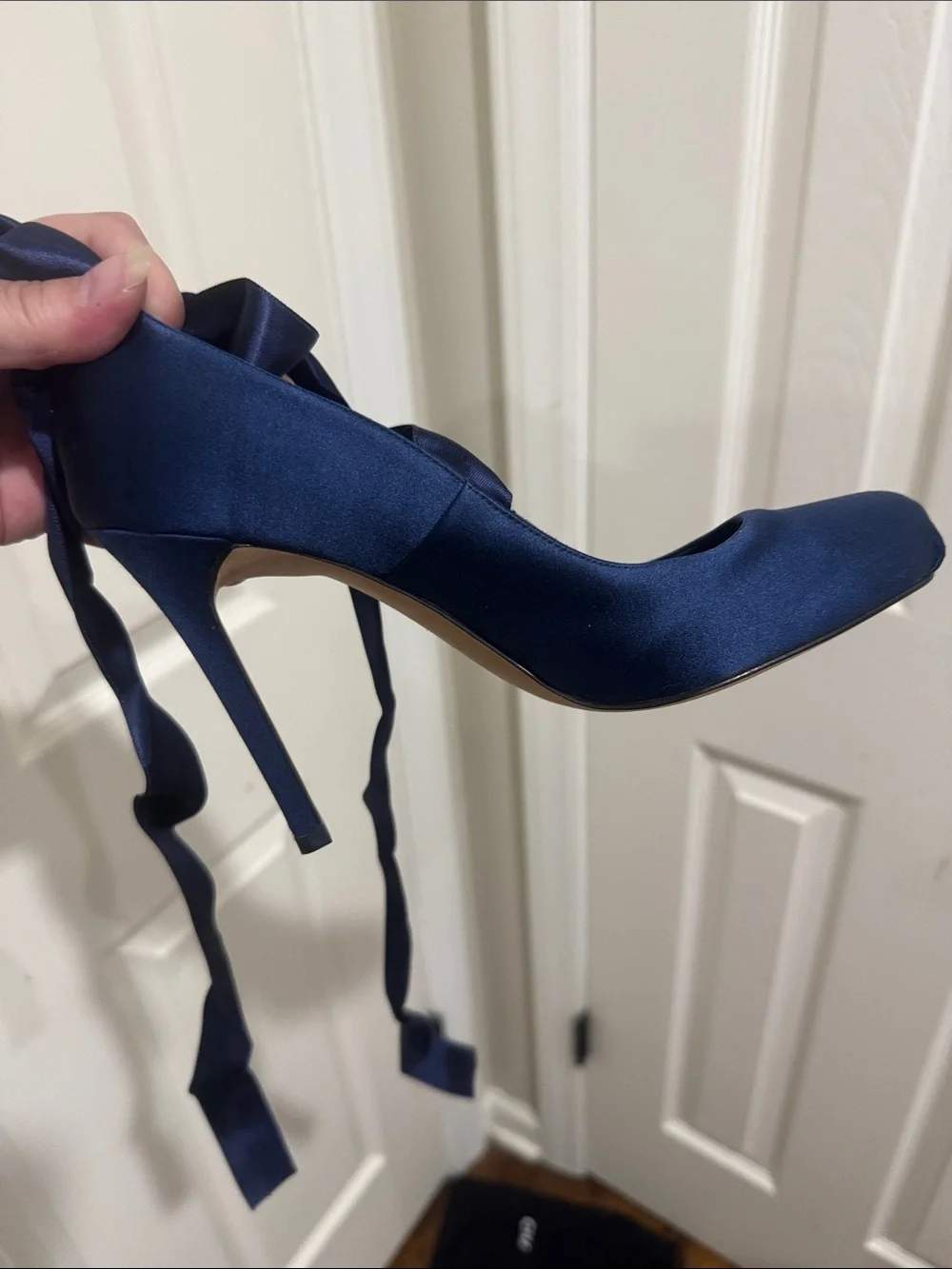 CHANEL/Navy Satin Ballet Tie Up The Ankle/4” Heels/NEVER WORN! VINTAGE! US 6.5!